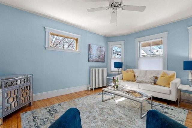 living room with ceiling fan, radiator, baseboards, and hardwood / wood-style floors