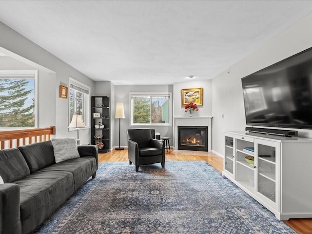 living area with a glass covered fireplace, baseboards, and wood finished floors