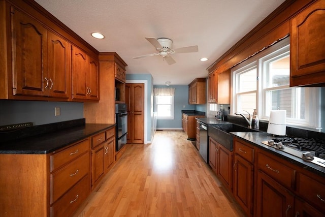 kitchen with a sink, dark countertops, a ceiling fan, light wood finished floors, and stainless steel dishwasher