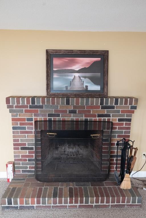 details featuring a fireplace and carpet floors