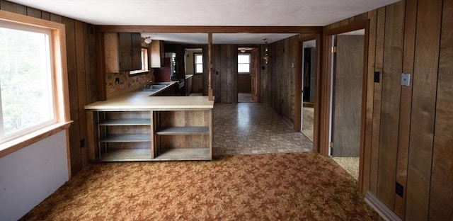 kitchen featuring wood walls, carpet flooring, and open shelves