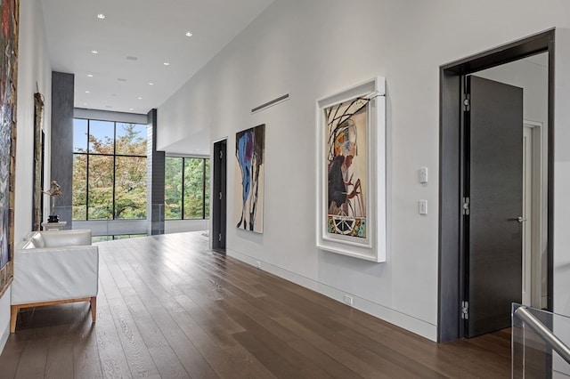 hallway with dark wood-type flooring