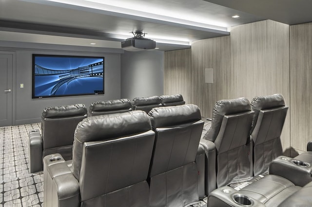 home theater featuring light carpet