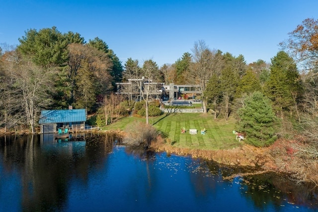 drone / aerial view featuring a water view