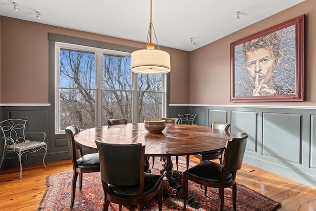 dining room featuring wood-type flooring and rail lighting