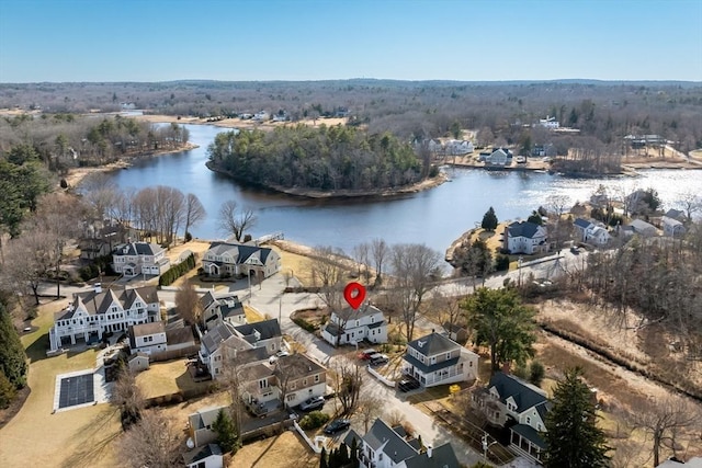 aerial view with a water view and a residential view