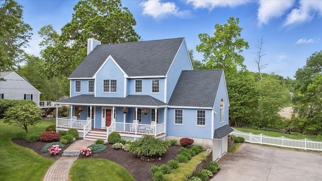 8 Valley Rd, Danvers, MA 01923 - view of front of house featuring a porch, roof with shingles, a chimney, asphalt driveway, and an attached garage