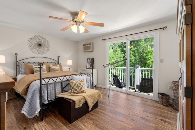 42 Sycamore Dr Unit 42, Leominster, MA 01453 - bedroom featuring access to exterior, wood finished floors, an AC wall unit, and ceiling fan