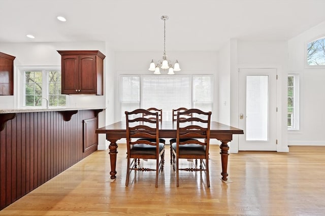 136 Howard St, Northborough, MA 01532 - dining space with a chandelier, light wood-style flooring, and recessed lighting