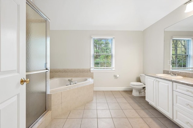136 Howard St, Northborough, MA 01532 - full bath featuring vanity, a bath, tile patterned flooring, and a shower stall