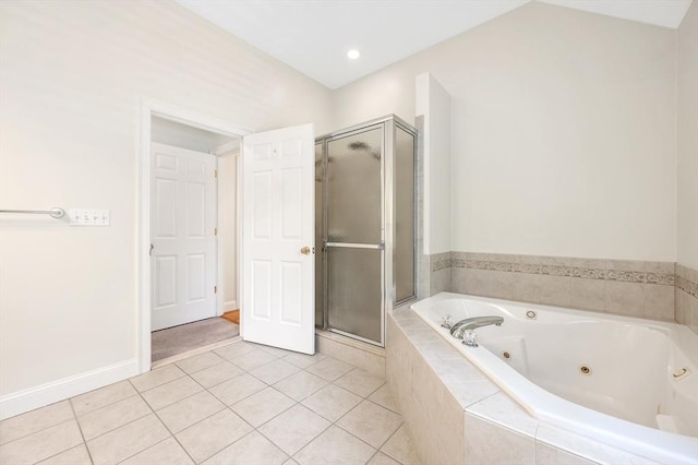 136 Howard St, Northborough, MA 01532 - full bathroom with a stall shower, a jetted tub, tile patterned flooring, and recessed lighting