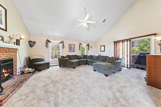 carpeted living room featuring visible vents, a fireplace, ceiling fan, high vaulted ceiling, and a baseboard radiator