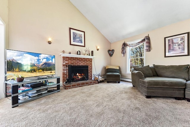 living area featuring carpet flooring, high vaulted ceiling, a brick fireplace, and baseboard heating