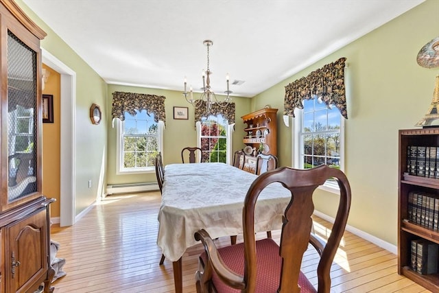 dining area with an inviting chandelier, visible vents, baseboards, light wood-type flooring, and a baseboard heating unit