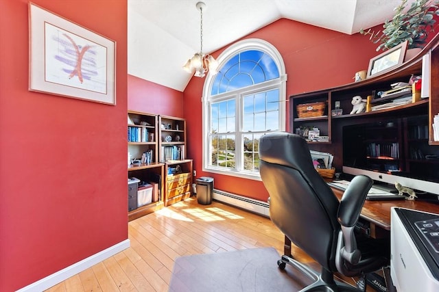 office space with wood-type flooring, a notable chandelier, a baseboard heating unit, and vaulted ceiling