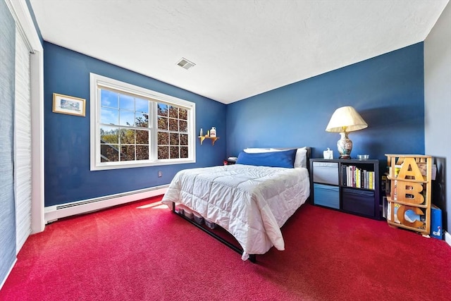 carpeted bedroom with a baseboard radiator and visible vents