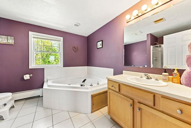 full bath with a garden tub, an enclosed shower, tile patterned flooring, baseboard heating, and vanity