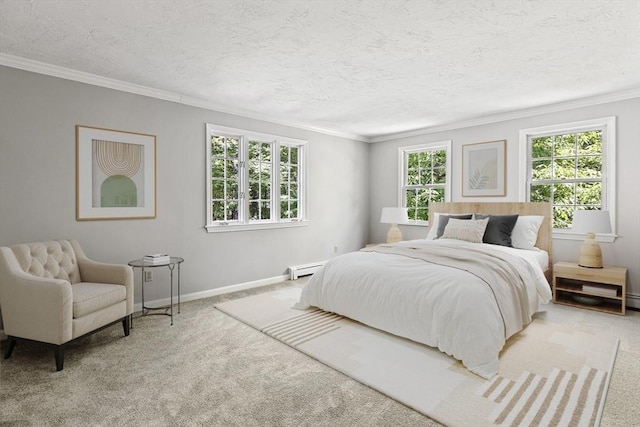 92 Clinton St, Hopkinton, MA 01748 - bedroom featuring carpet floors, ornamental molding, a textured ceiling, and a baseboard radiator
