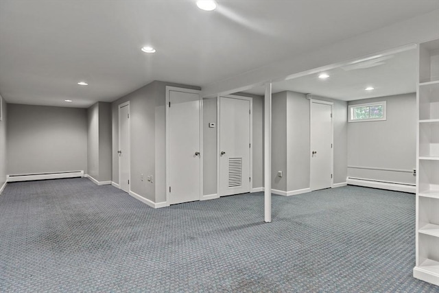 92 Clinton St, Hopkinton, MA 01748 - below grade area featuring a baseboard radiator, dark colored carpet, and recessed lighting