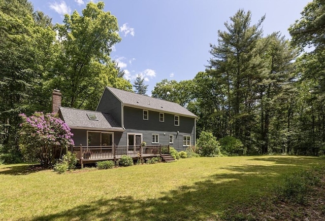 92 Clinton St, Hopkinton, MA 01748 - back of house featuring a lawn, a chimney, and a wooden deck