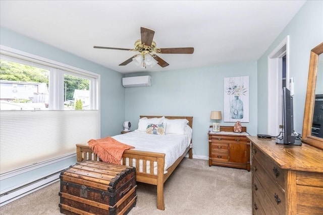 1 Shore Ave, Beverly, MA 01915 - bedroom featuring an AC wall unit, a baseboard heating unit, light colored carpet, ceiling fan, and baseboards