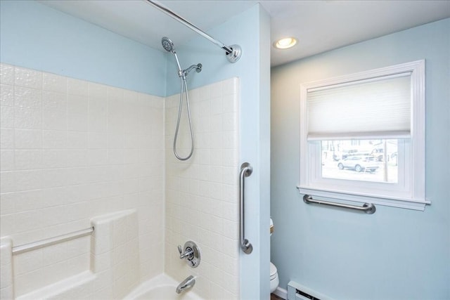 1 Shore Ave, Beverly, MA 01915 - bathroom featuring toilet, tub / shower combination, and a baseboard radiator