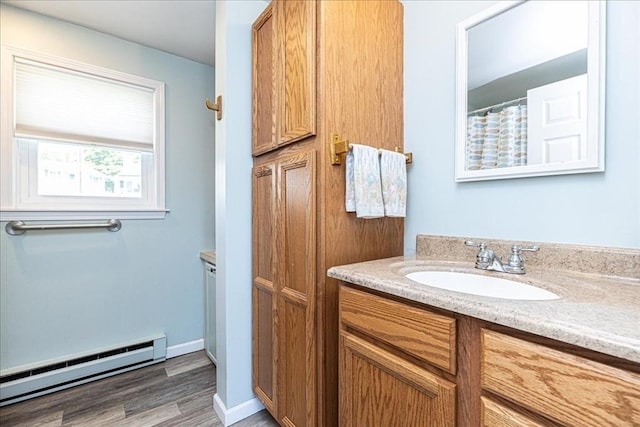 1 Shore Ave, Beverly, MA 01915 - full bath featuring a baseboard heating unit, vanity, and wood finished floors