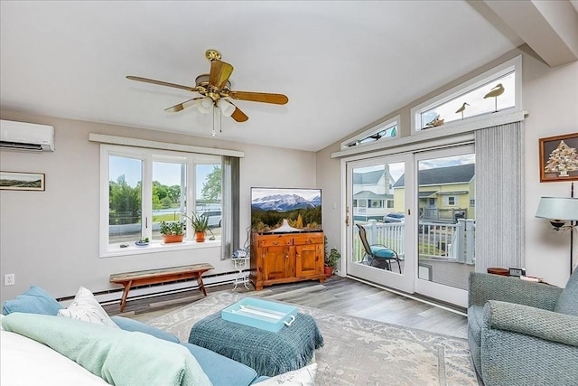 1 Shore Ave, Beverly, MA 01915 - living area with wood finished floors, a wall unit AC, ceiling fan, and lofted ceiling