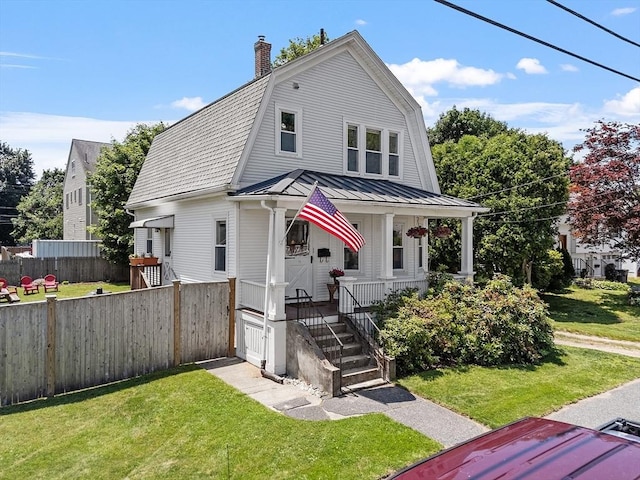 11 Draper Rd, Framingham, MA 01702 - dutch colonial with covered porch, a gambrel roof, a standing seam roof, a metal roof, and a chimney