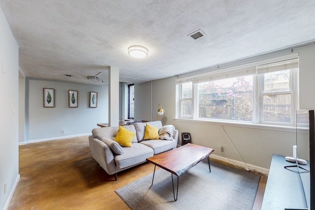 living room featuring a textured ceiling