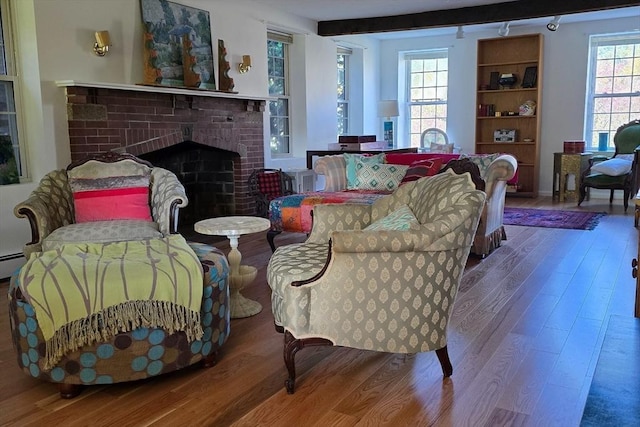 living room featuring a healthy amount of sunlight, beam ceiling, and hardwood / wood-style floors