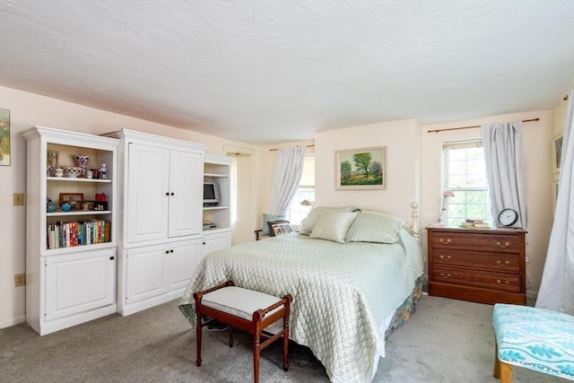 bedroom with light colored carpet and multiple windows