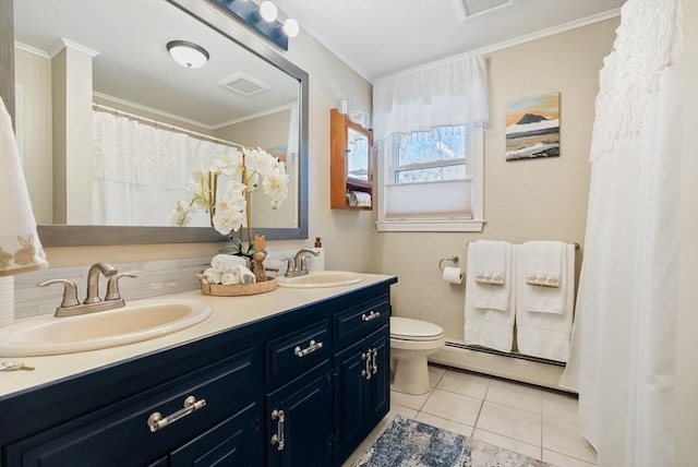 full bath featuring a sink, ornamental molding, toilet, and a baseboard radiator