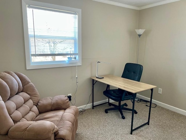 carpeted office space with ornamental molding and baseboards