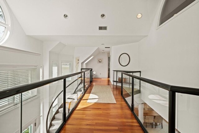 44 Southpoint Ln, Ipswich, MA 01938 - hall with wood finished floors, an upstairs landing, and recessed lighting