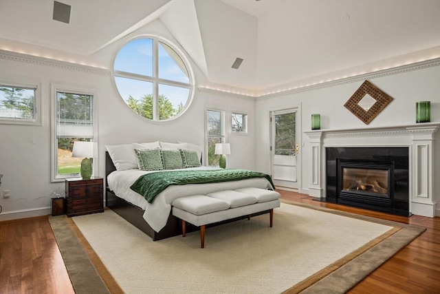 44 Southpoint Ln, Ipswich, MA 01938 - bedroom with wood finished floors, lofted ceiling, and a glass covered fireplace