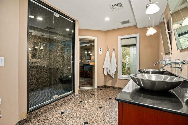 44 Southpoint Ln, Ipswich, MA 01938 - full bathroom featuring granite tiled floors, vanity, a shower stall, and recessed lighting