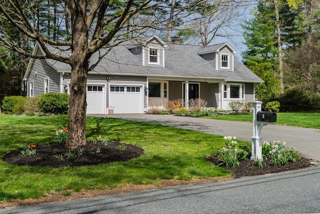 cape cod-style house with covered porch, a front lawn, roof with shingles, and aphalt driveway