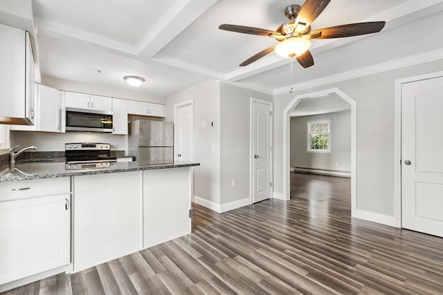 kitchen featuring sink, white cabinetry, stainless steel appliances, and dark stone counters