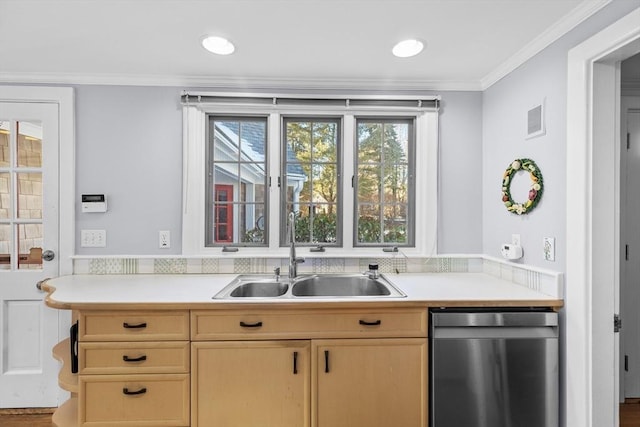 kitchen with ornamental molding, dishwashing machine, sink, and light brown cabinets