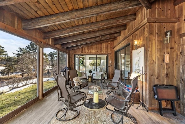 sunroom with lofted ceiling with beams and wood ceiling