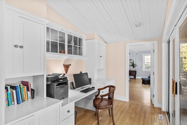 office featuring vaulted ceiling, light hardwood / wood-style floors, and wooden ceiling