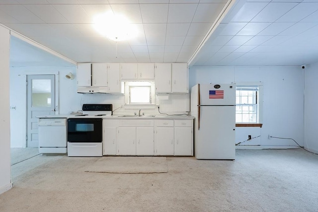 kitchen with white cabinetry, sink, and white appliances