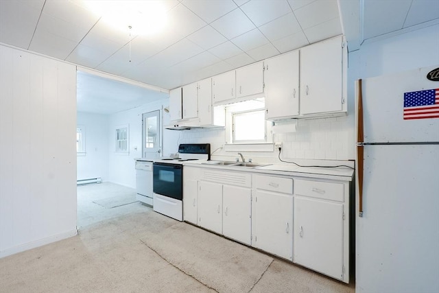 kitchen with sink, white cabinetry, a baseboard radiator, white appliances, and backsplash