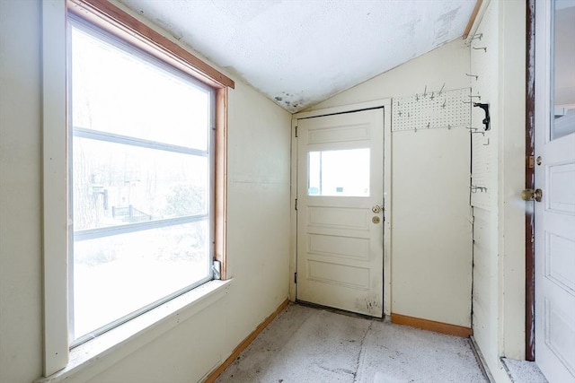 doorway to outside with lofted ceiling and a wealth of natural light