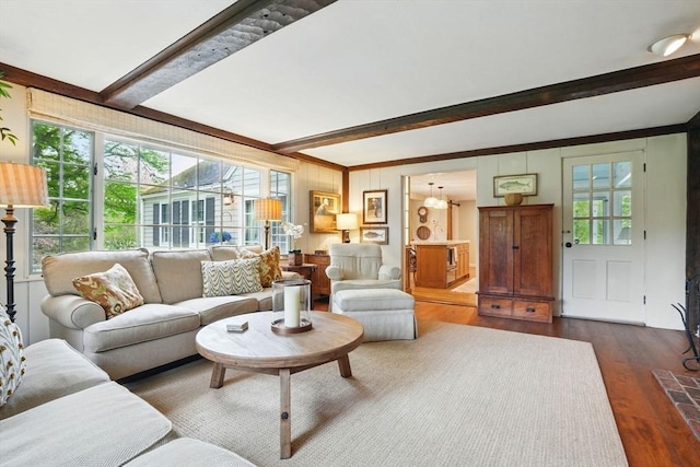 22 Partridge Rd, Duxbury, MA 02332 - living area featuring beamed ceiling, plenty of natural light, and dark wood-style floors