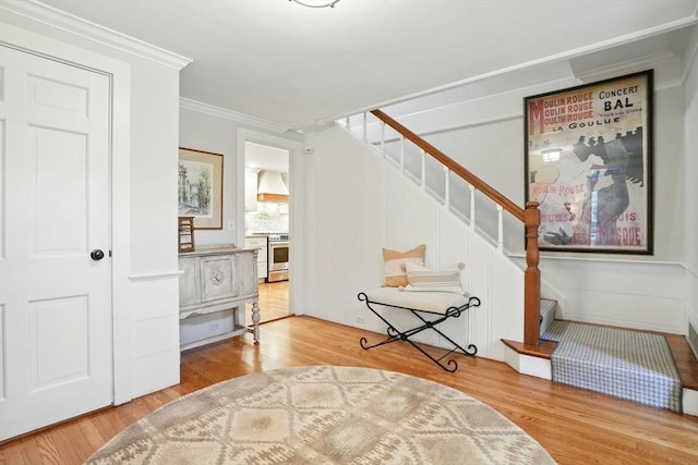 22 Partridge Rd, Duxbury, MA 02332 - living area with stairs, ornamental molding, and wood finished floors