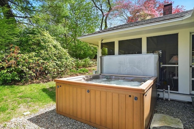 22 Partridge Rd, Duxbury, MA 02332 - exterior view of a hot tub, a chimney, and a downspout