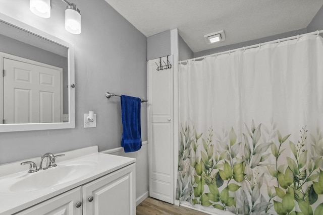 11 Broad St Unit 11, Hardwick, MA 01005 - full bathroom with vanity, wood finished floors, curtained shower, and a textured ceiling