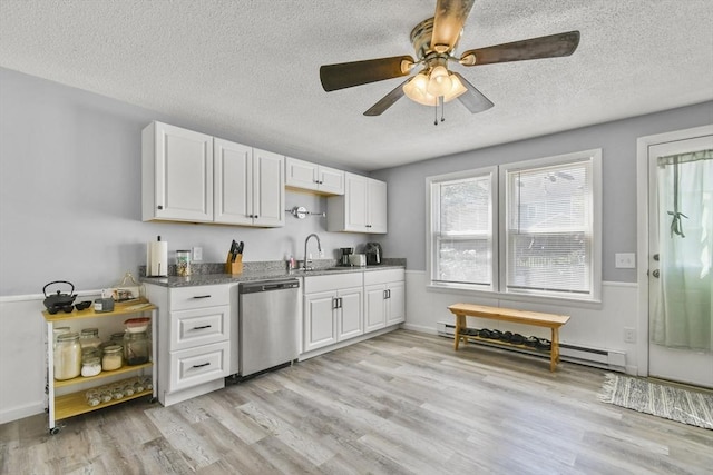 11 Broad St Unit 11, Hardwick, MA 01005 - kitchen featuring dishwasher, a textured ceiling, baseboard heating, light wood-style floors, and a ceiling fan
